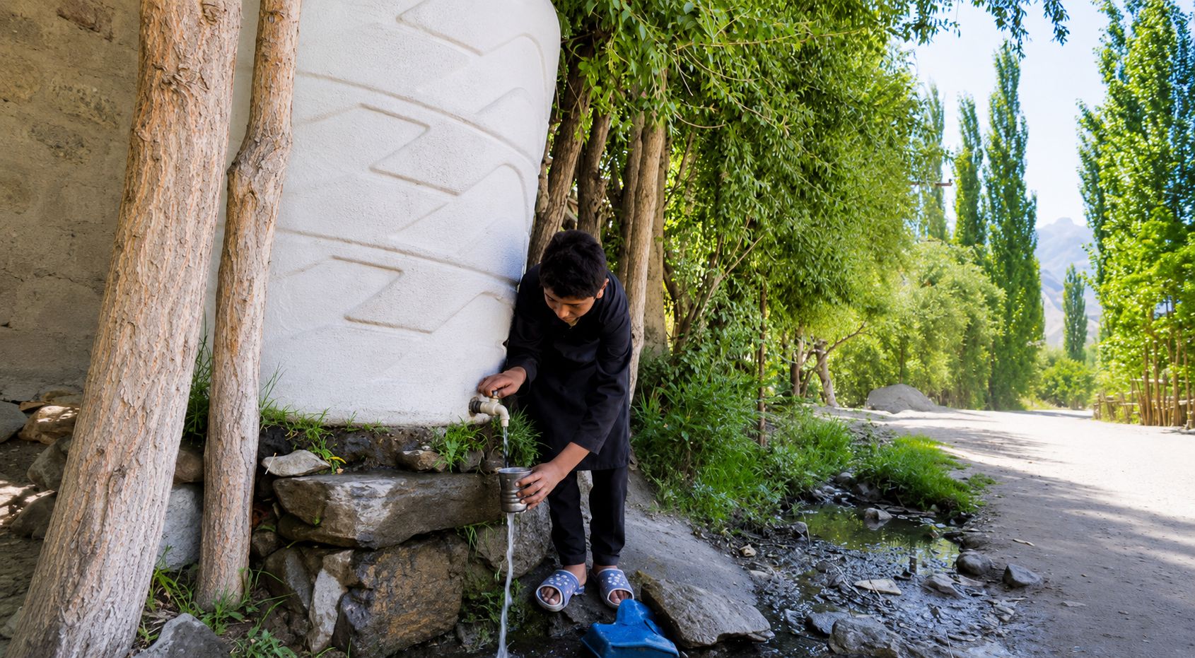 A boy fills his cup at a Momina Cheema Water Project tank, district Shigar