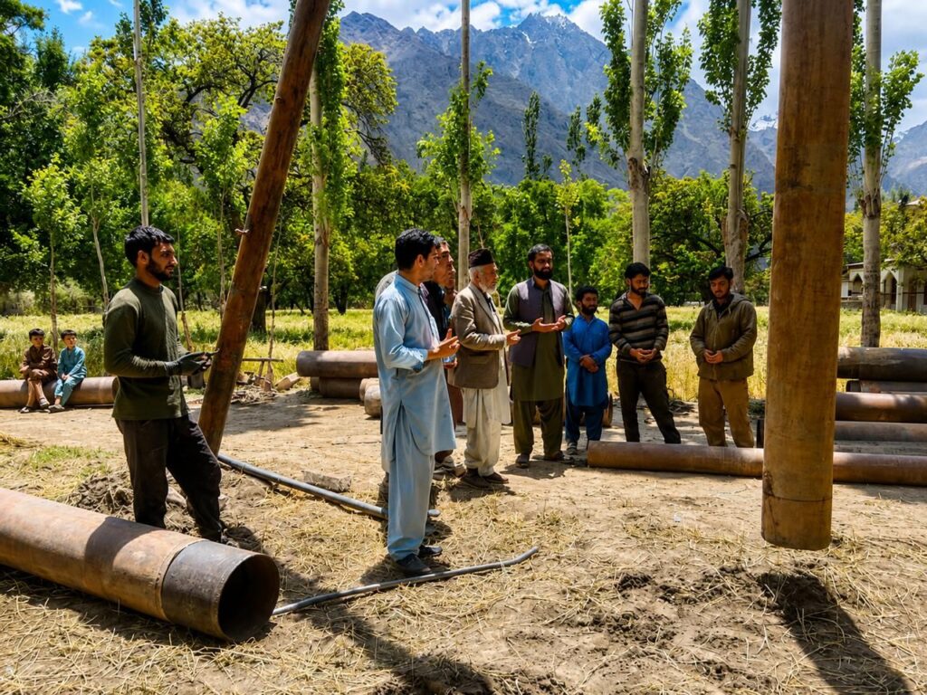 Community elders and engineers at a water pipeline site, district Shigar